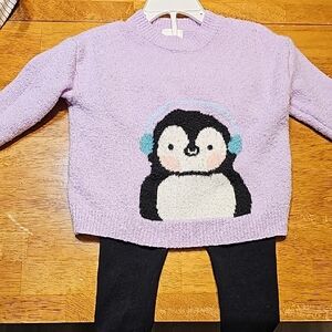 Purple Penguin Sweater and Black Pants Set